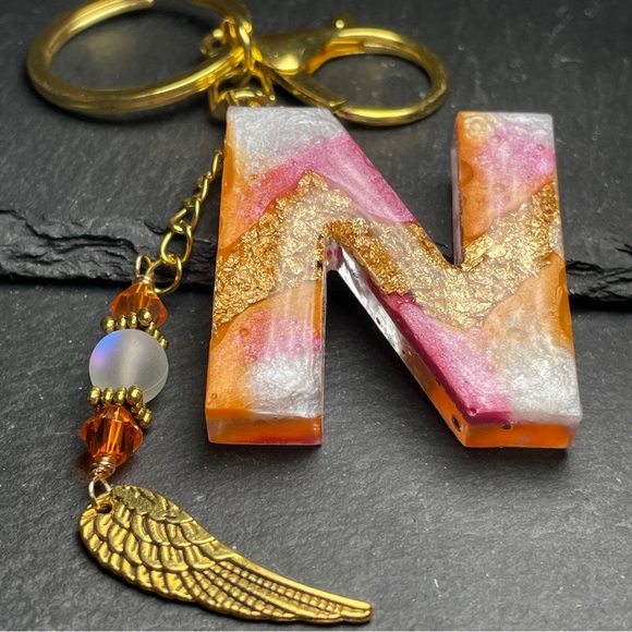 Orange, Gold and Pink Initial Letter “N” Boho Keychain With Angel Wing Charm - Picture 5 of 8